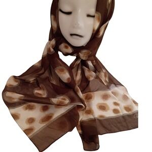 Amelia Jane Silk Chiffon Scarf Brown Ivory Polka Dot Sheer Signed Women's
